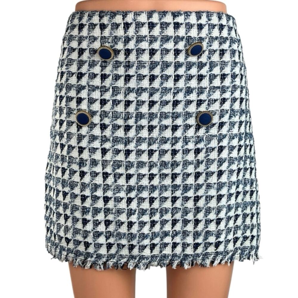 MNG Mango Blue White Tweed Plaid Button Checkered Mini Straight Pencil Skirt 2